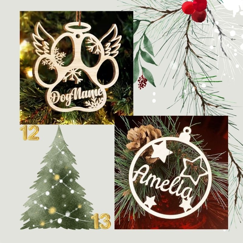 Collage of Christmas-themed personalized ornaments with names and decorative elements.