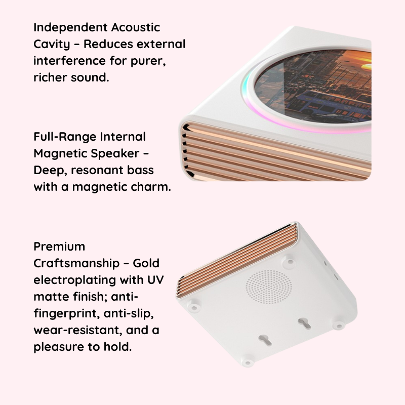 White electronic device with gold accents and text describing features on a white background. Independent Acoustic Cavity-Reduces external interference for purer, richer sound. Full-Range Internal Magnetic Speaker – Deep, resonant bass with a magnetic charm. Premium Craftsmanship – Gold electroplating with UV matte finish; anti-fingerprint, anti-slip, wear-resistant, and a pleasure to hold.Personalized couple present. Gift for boyfriend. Custom-made. Personalized. Perfect gift idea. Meaningful keepsake