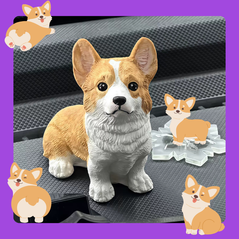 Corgi dog figurine on a car seat with cartoon corgis around it. Memory gift, Pet lovers, Personalized 3D printed dog figurine, pet memory keepsake, Custom 3D printed cat figurine, cherished pet gift, beloved pet, Perfect memory gift