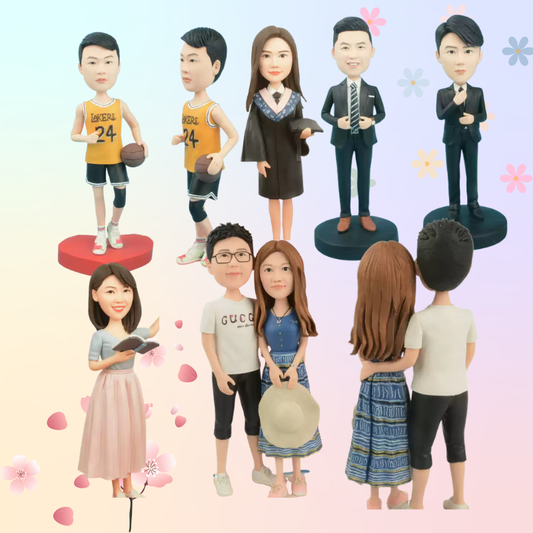 Collection of customizable figurines in various poses and outfits on a light pink background with floral elements.Personalized couple present. Gift for boyfriend girlfriend. Custom-made. Personalized. Perfect gift idea. Meaningful keepsake. Wedding gift. Anniversary gift. Birthday gift