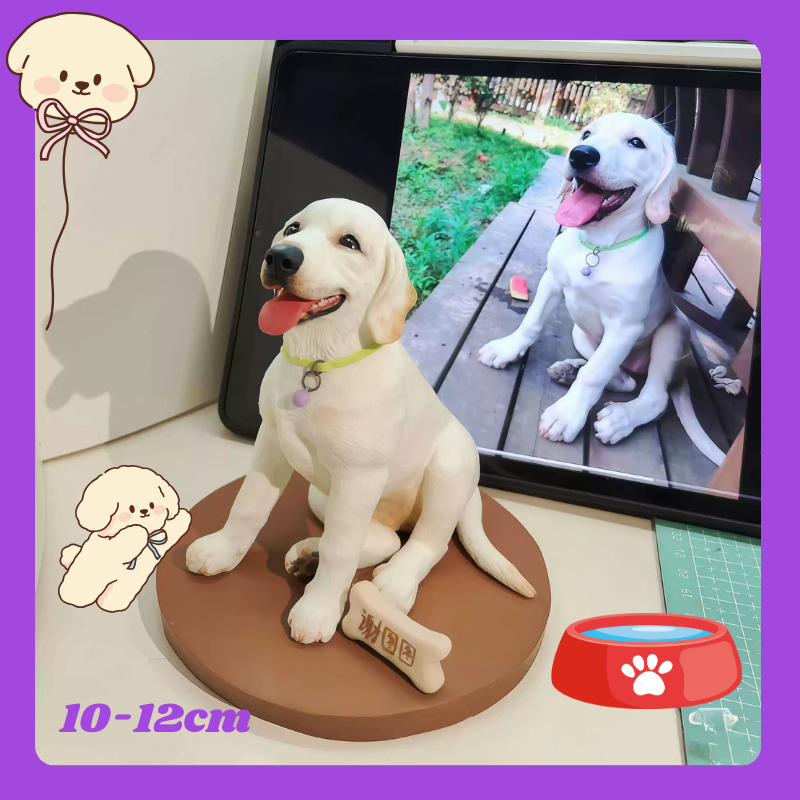 Dog figurine on a brown base with a screen displaying a photo of a dog, surrounded by cartoon dogs and a red bowl. 10-12cm figurine.
