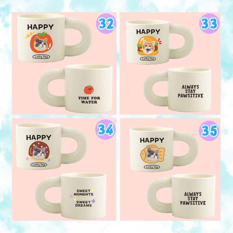 Set of mugs with various designs and text on a pink and blue gradient background