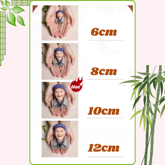 Measurement chart showing sizes 6cm 8cm, 10cm , 12cm with a person holding a small figure, surrounded by green leaves and bamboo. Personalized 3D printed resin memorial bust, keepsake gift, Custom resin 3D bust, Grateful memorial for loved one. Unique memorial sculpture. Cherishes memories. Grateful memorial 3D printed resin bust. Personalized keepsake