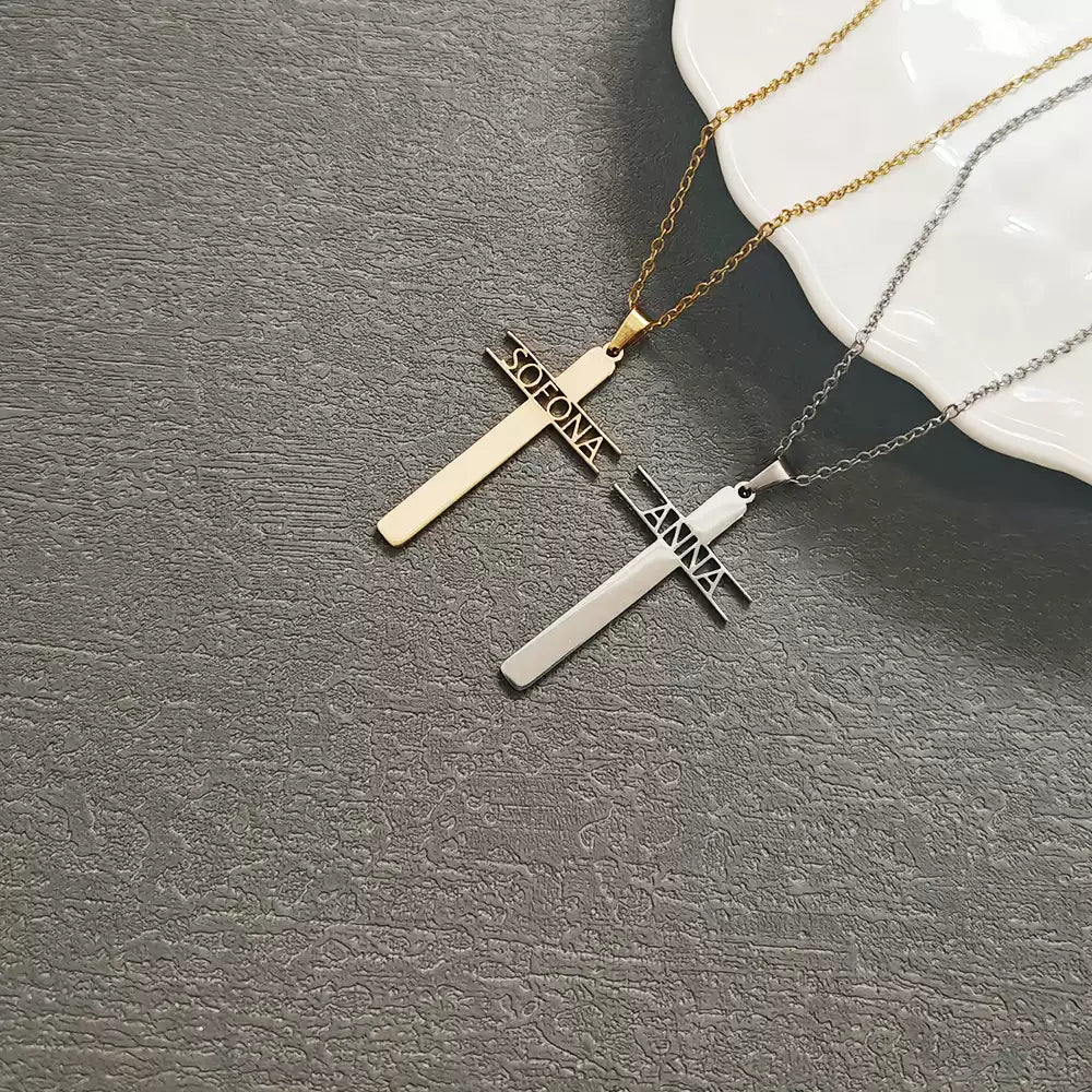Two necklaces with cross pendants on a gray surface Stainless Steel Name Jewelry. Custom Gift-Personalized. gift for boyfriend / girlfriend. long-distance relationship gift meaningful keepsake. Memory gift. Christmas couple gift. Birthday Gift. Hollow Letter Cross Necklace