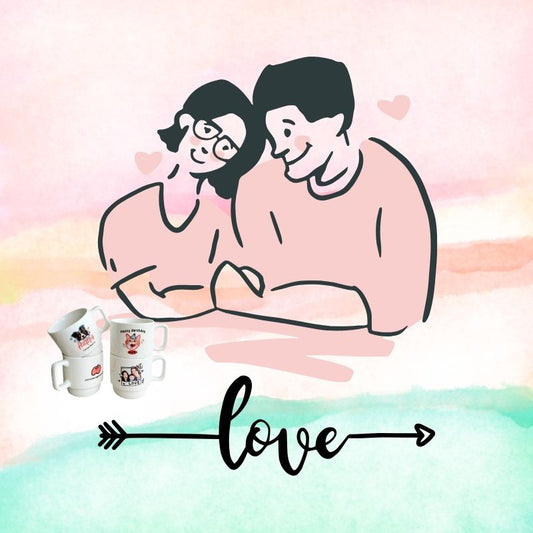 Illustration of a couple holding a baby with two mugs and the word 'love' on a colorful background.