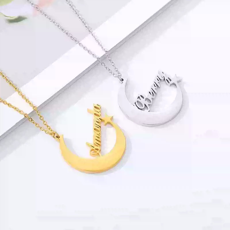 Two necklaces with 'mom' and 'daughter' engraved on them, one gold and one silver, on a white surface.Stainless Steel Name Jewelry. Custom Gift-Personalized. gift for boyfriend / girlfriend. long-distance relationship gift meaningful keepsake. Memory gift. Christmas couple gift. Birthday Gift. Moonlight Name Necklace