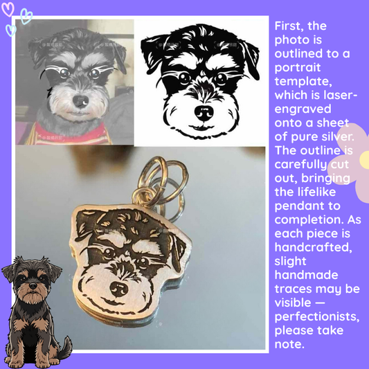 Collage of a dog portrait, laser-engraved silver pendant, and a small dog illustration on a purple background. Silver pendant, memory gift, pets jewerly