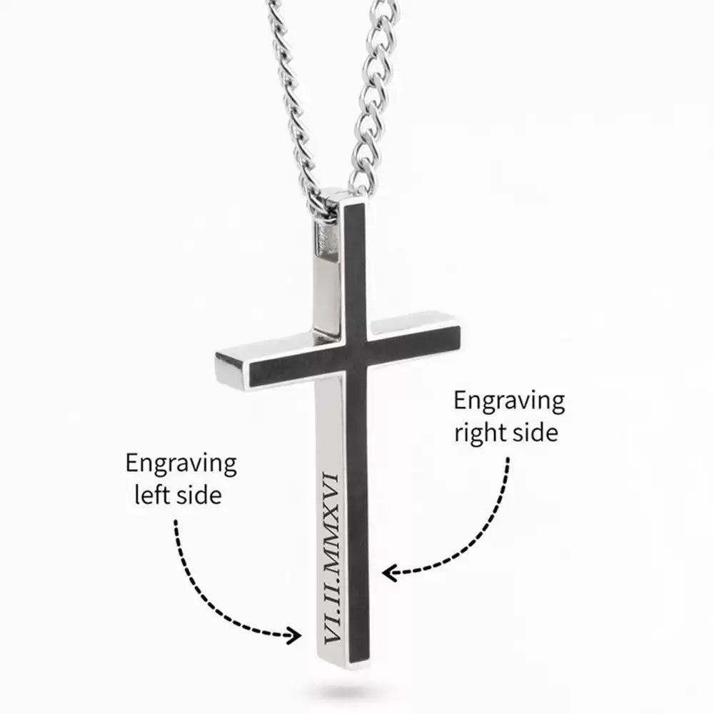 Silver cross pendant with engraved text on a white background. Stainless Steel Name Jewelry. Custom Gift-Personalized. gift for boyfriend / girlfriend. long-distance relationship gift meaningful keepsake. Memory gift. Christmas couple gift. Birthday Gift. Men’s Black Cross Name Necklace
