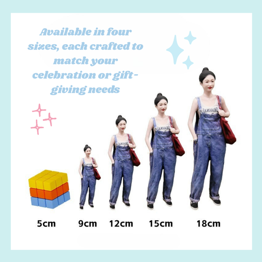 Set of dolls in denim overalls with size indicators on a light blue background. Available in four size, 9, 12, 5, 18cm, Personalized couple present. Gift for boyfriend girlfriend. Custom-made. Personalized. Perfect gift idea. Meaningful keepsake. Wedding gift. Anniversary gift. Birthday gift