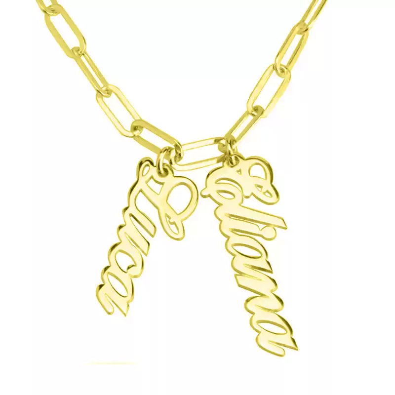 Gold necklace with 'Mom' and 'Dad' charms on a white background. Stainless Steel Name Jewelry. Custom Gift-Personalized. gift for boyfriend / girlfriend. long-distance relationship gift meaningful keepsake. Memory gift. Christmas couple gift. Birthday Gift. Double Name Drop Necklace (Paperclip Chain)