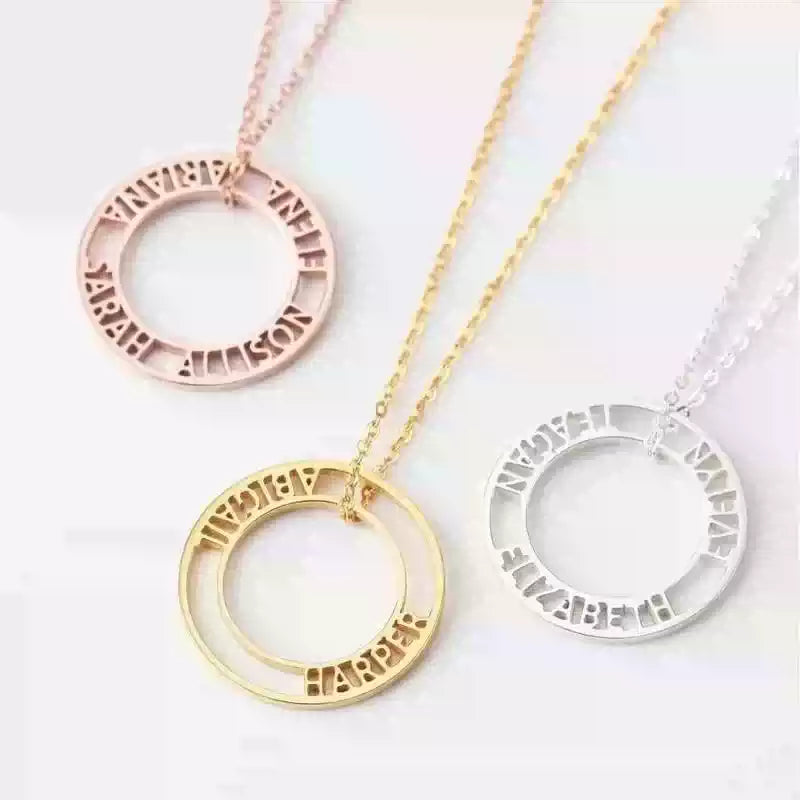 Three circular necklaces in rose gold, gold, and silver on a white background. Stainless Steel Name Jewelry. Custom Gift-Personalized. gift for boyfriend / girlfriend. long-distance relationship gift meaningful keepsake. Memory gift. Christmas couple gift. Birthday Gift. Bubble Name Necklace