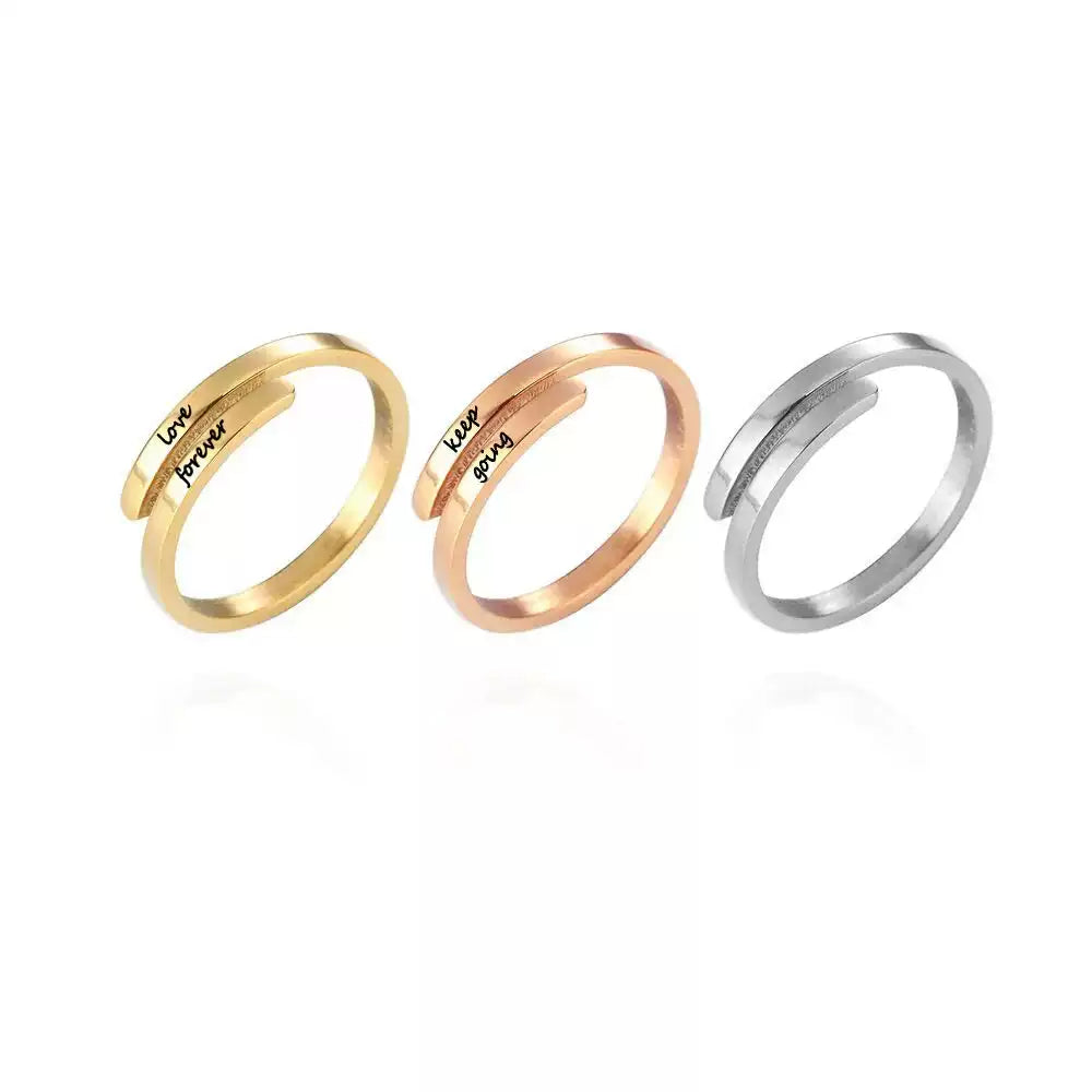 Three rings in gold, rose gold, and silver on a white background. Stainless Steel Name Jewelry. Custom Gift-Personalized. gift for boyfriend / girlfriend. long-distance relationship gift meaningful keepsake. Memory gift. Christmas couple gift. Birthday Gift. Timeless Engrave