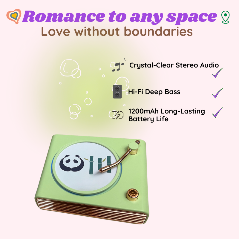 Green record player with panda design on a white background, featuring text about audio features. Crystal-Clear Stereo Audio. Hi-Fi Deep Bass. 1200mAh Long-Lasting Battery Life. Personalized couple present. Gift for boyfriend. Custom-made. Personalized. Perfect gift idea. Meaningful keepsake