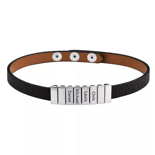 Black leather bracelet with silver name tags on a white background. Stainless Steel Name Jewelry. Custom Gift-Personalized. gift for boyfriend / girlfriend. long-distance relationship gift meaningful keepsake. Memory gift. Christmas couple gift. Birthday Gift. Leather Belt Name Necklace