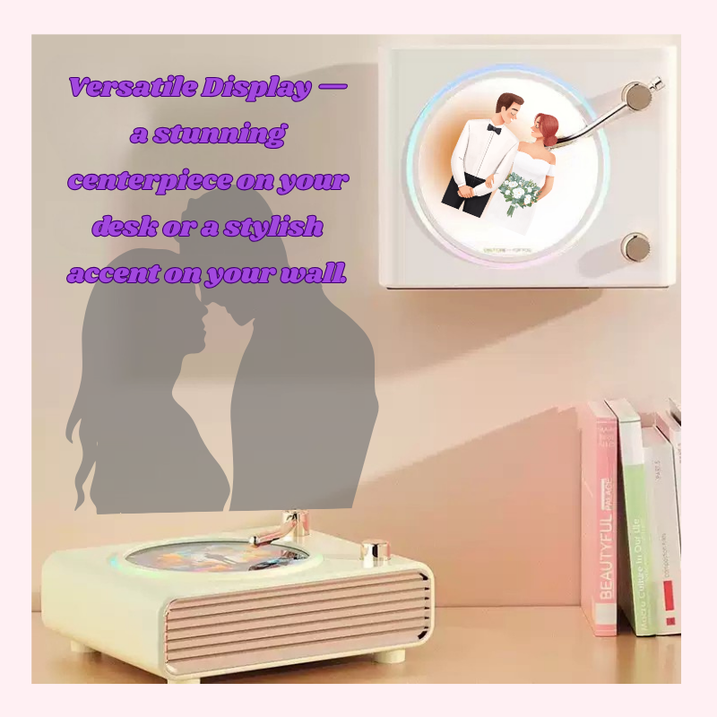 Decorative item with a couple's silhouette and text on a wall, below a record player. Versatile Display a Stunning centerpiece on your desk or a stylish accent on your wall. Personalized couple present. Gift for boyfriend. Custom-made. Personalized. Perfect gift idea. Meaningful keepsake