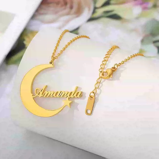 Gold necklace with moon and star design on a white surface. Stainless Steel Name Jewelry. Custom Gift-Personalized. gift for boyfriend / girlfriend. long-distance relationship gift meaningful keepsake. Memory gift. Christmas couple gift. Birthday Gift. Moonlight Name Necklace