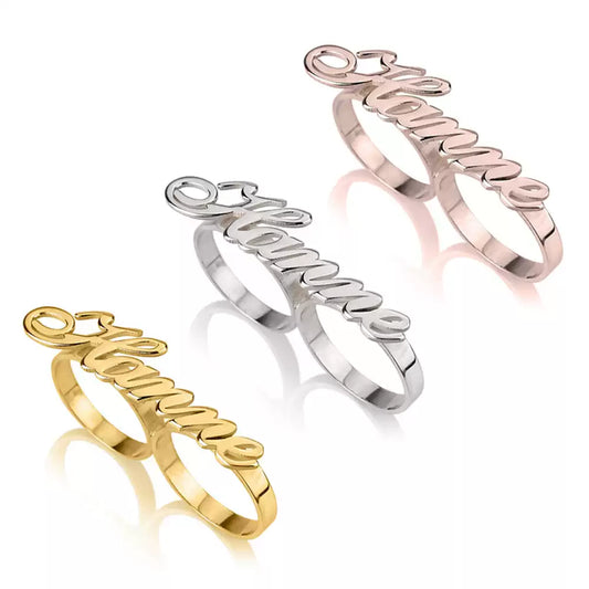 Three name rings in gold, silver, and rose gold on a white background. Double hole rings. Stainless Steel Name Jewelry. Custom Gift-Personalized. gift for boyfriend / girlfriend. long-distance relationship gift meaningful keepsake. Memory gift. Christmas couple gift. Birthday Gift.