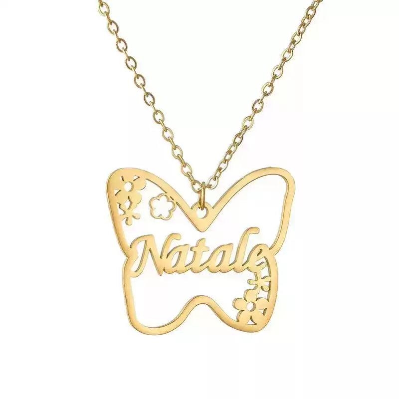 Gold butterfly-shaped necklace with 'Natalie' engraved on a white background Stainless Steel Name Jewelry. Custom Gift-Personalized. gift for boyfriend / girlfriend. long-distance relationship gift meaningful keepsake. Memory gift. Christmas couple gift. Birthday Gift. Butterfly & Blossom Name Necklace
