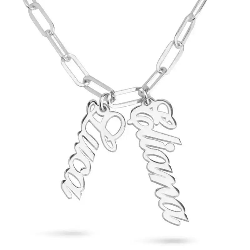 Silver necklace with two name charms on a white background . Stainless Steel Name Jewelry. Custom Gift-Personalized. gift for boyfriend / girlfriend. long-distance relationship gift meaningful keepsake. Memory gift. Christmas couple gift. Birthday Gift. Double Name Drop Necklace (Paperclip Chain)