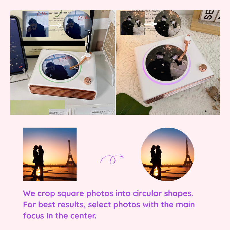 Collage of photos with circular cropping examples and a text overlay about photo cropping. we crop square photos into circular shapes. for best results, select photos with the main focus in the enter. Personalized couple present. Gift for boyfriend. Custom-made. Personalized. Perfect gift idea. Meaningful keepsake