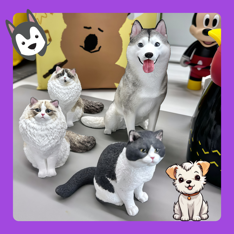 Collection of cat and dog figurines on a surface with cartoon illustrations of a dog and cat at the corners. Memory gift, Pet lovers, Personalized 3D printed dog figurine, pet memory keepsake, Custom 3D printed cat figurine, cherished pet gift, beloved pet, Perfect memory gift