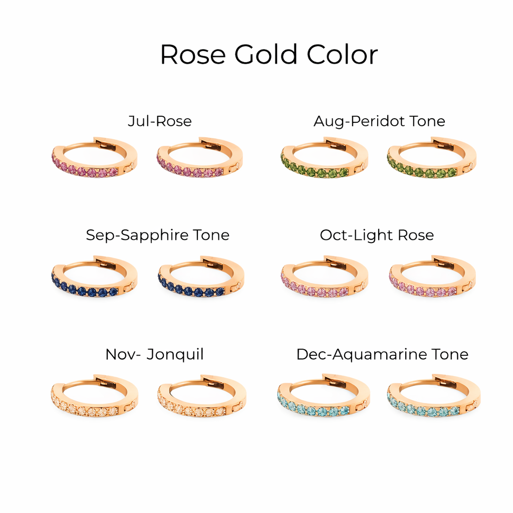 Rose gold hoop earrings with different color options on a white background