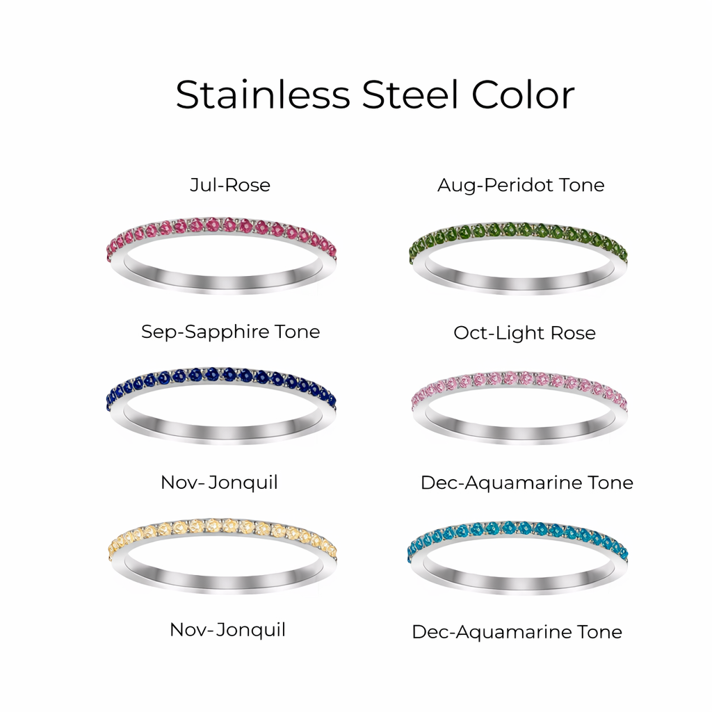 Stainless steel rings with colored gemstones on a white background