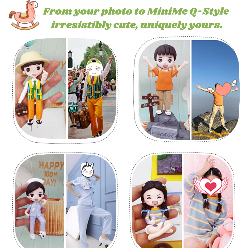 Collage of figurines in various poses with promotional text about MiniMe Q-Style dolls. form your photo to MiniMe Q-style figurines. Personalized couple present. Gift for boyfriend girlfriend. Custom-made. Personalized. Perfect gift idea. Meaningful keepsake. Wedding gift. Anniversary gift. Birthday gift