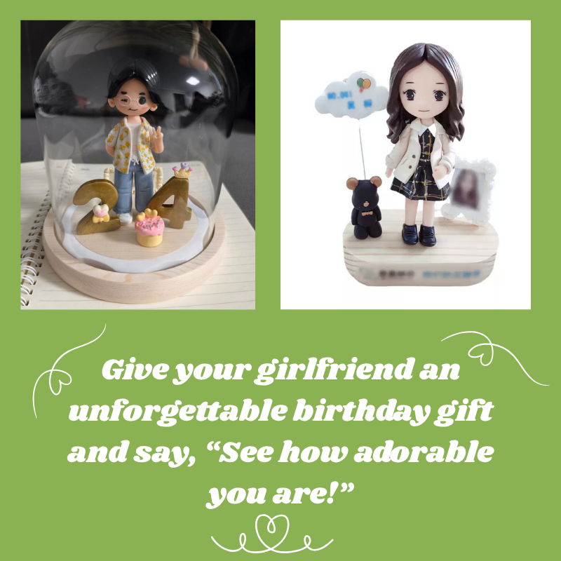 Two figurines on stands with decorative elements and text encouraging a birthday gift for a girlfriend. Personalized couple present. Gift for boyfriend girlfriend. Custom-made. Personalized. Perfect gift idea. Meaningful keepsake. Wedding gift. Anniversary gift. Birthday gift