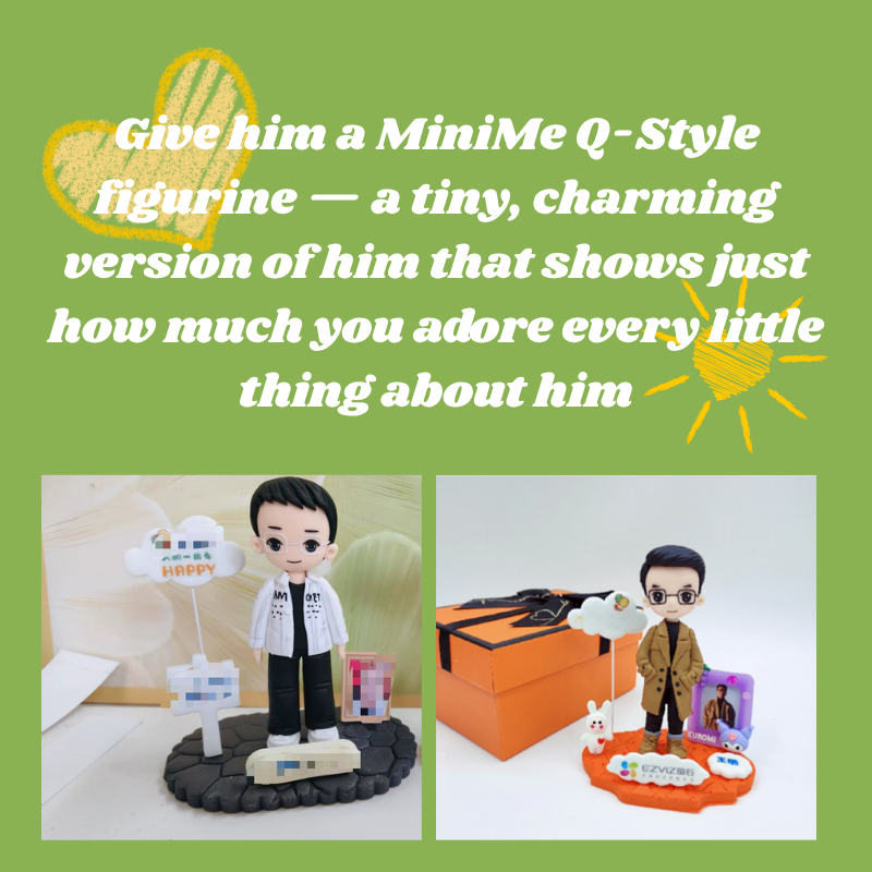 MiniMe Q-Style figurine with promotional text on a green background. A tiny, charming version of him that shows just how much you adore every little thing about him. Personalized couple present. Gift for boyfriend girlfriend. Custom-made. Personalized. Perfect gift idea. Meaningful keepsake. Wedding gift. Anniversary gift. Birthday gift