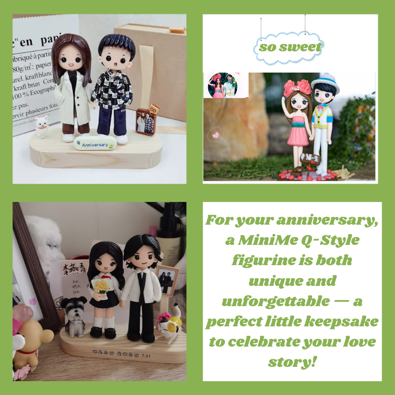 Collage of MiniMe Q-Style figurines with promotional text on a green background. for your anniversary. unforgettable. background