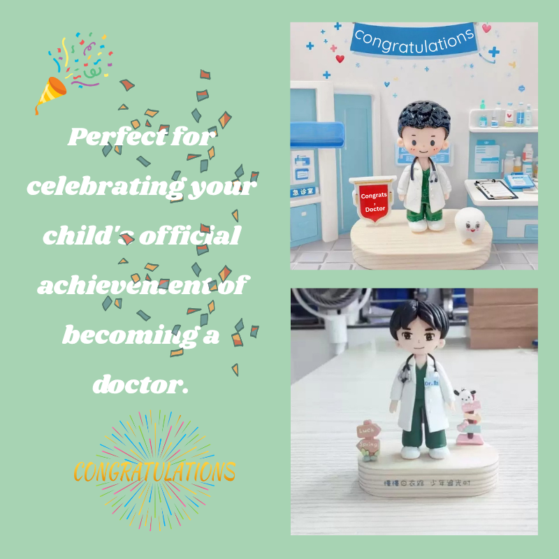 Figurine of a doctor with a 'Congratulations' sign in a medical setting, on a green background with celebratory text. Personalized couple present. Gift for boyfriend girlfriend. Custom-made. Personalized. Perfect gift idea. Meaningful keepsake. Wedding gift. Anniversary gift. Birthday gift
