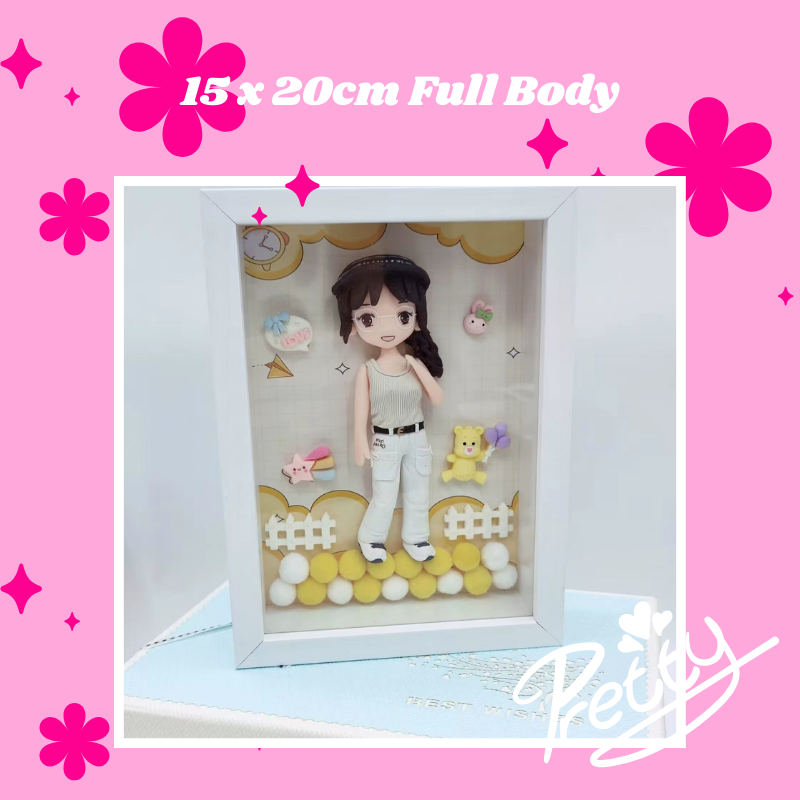 Small Q-style figurine frame in a display case with decorative elements on a pink background. Personalized couple present. Gift for boyfriend girlfriend. Custom-made. Personalized. Perfect gift idea. Meaningful keepsake. Wedding gift. Anniversary gift. Birthday gift