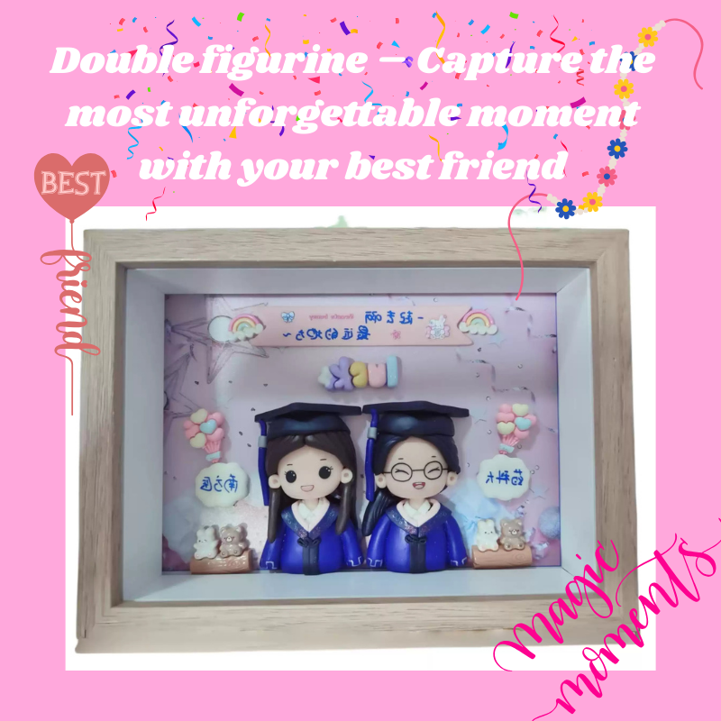 Graduation-themed double figurine in a decorative frame with pink background and text. Personalized couple present. Gift for boyfriend girlfriend. Custom-made. Personalized. Perfect gift idea. Meaningful keepsake. Wedding gift. Anniversary gift. Birthday gift