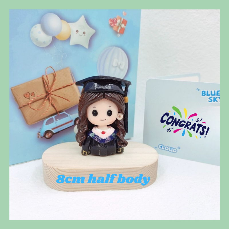 Graduation-themed figurine with 'Congrats!' card on a colorful background . 8cm half body figurine. Personalized couple present. Gift for boyfriend girlfriend. Custom-made. Personalized. Perfect gift idea. Meaningful keepsake. Wedding gift. Anniversary gift. Birthday gift