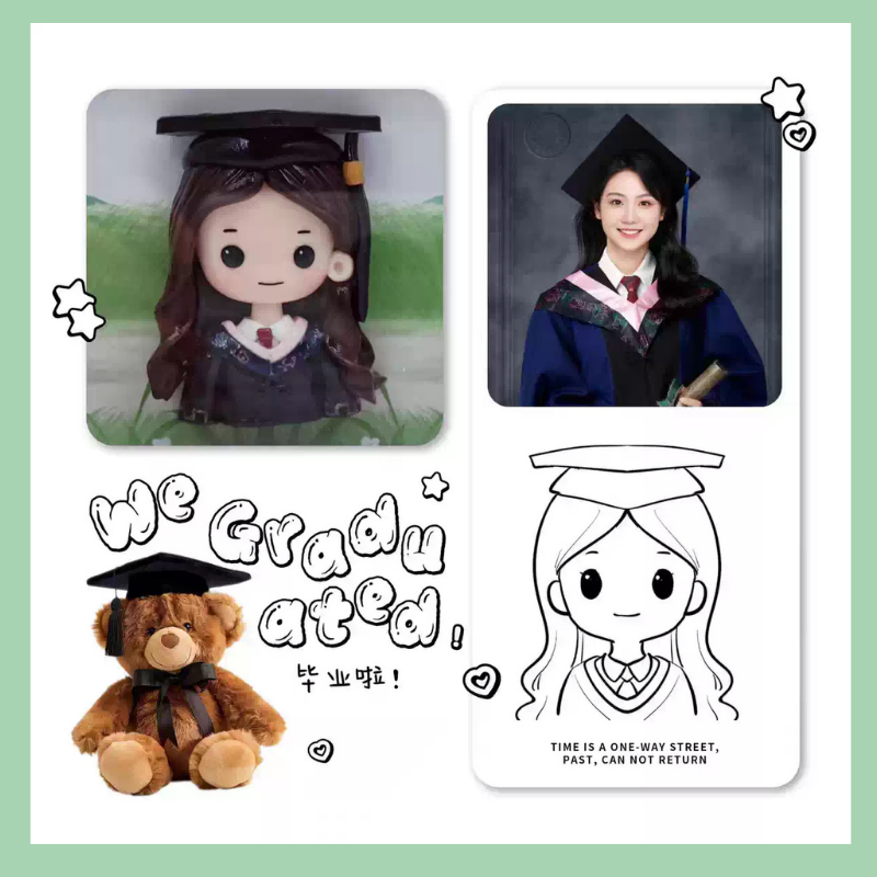 Graduation-themed plush toy, coloring sheet, and teddy bear with a graduation cap on a light green border. Personalized couple present. Gift for boyfriend girlfriend. Custom-made. Personalized. Perfect gift idea. Meaningful keepsake. Wedding gift. Anniversary gift. Birthday gift
