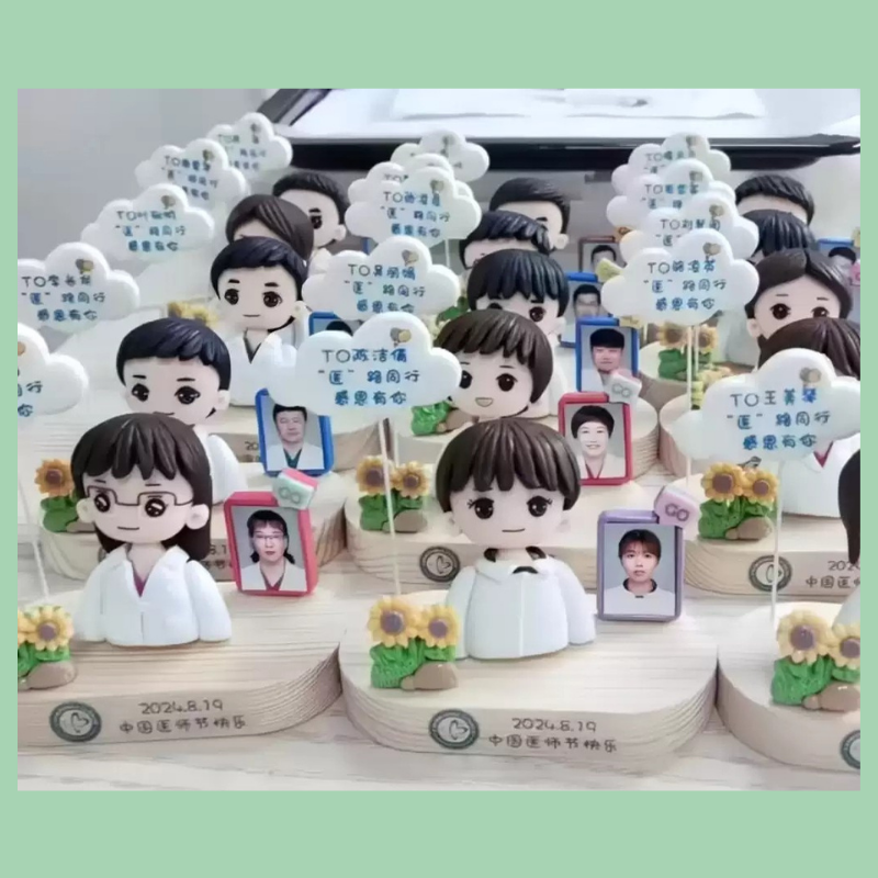 Collection of small figurines with personalized photos and text on a decorative stand. Personalized couple present. Gift for boyfriend girlfriend. Custom-made. Personalized. Perfect gift idea. Meaningful keepsake. Wedding gift. Anniversary gift. Birthday gift