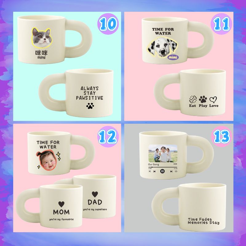 Collection of mugs with various designs and text on a colorful grid background