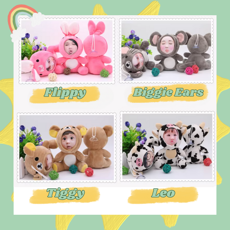 Four children in animal-themed costumes with corresponding names on a green background. Every VoxBuddy have their own name. Custom Gift-Personalized Talking Photo Keychain, gift for couples, ift for boyfriend / girlfriend long-distance relationship gift meaningful keepsake