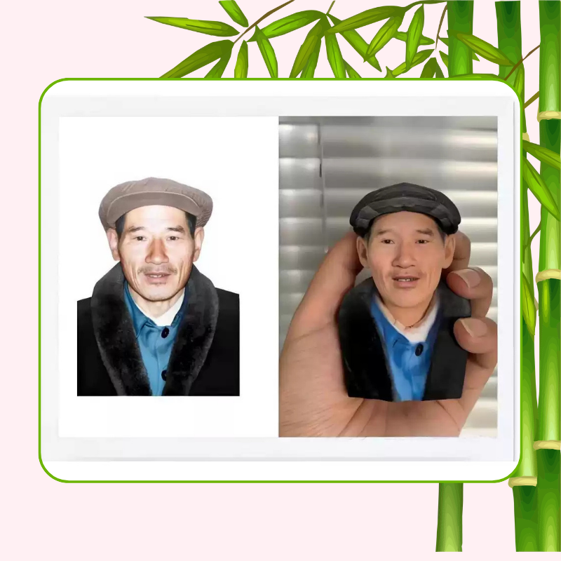 Small figurine of a man wearing a hat held in a hand, with a larger photo of the same person on a white background. Personalized 3D printed resin memorial bust, keepsake gift, Custom resin 3D bust, Grateful memorial for loved one. Unique memorial sculpture. Cherishes memories. Grateful memorial 3D printed resin bust. Personalized keepsake
