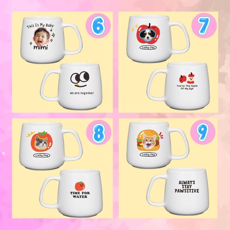 Set of white mugs with various designs and text on a pink and yellow gradient background.