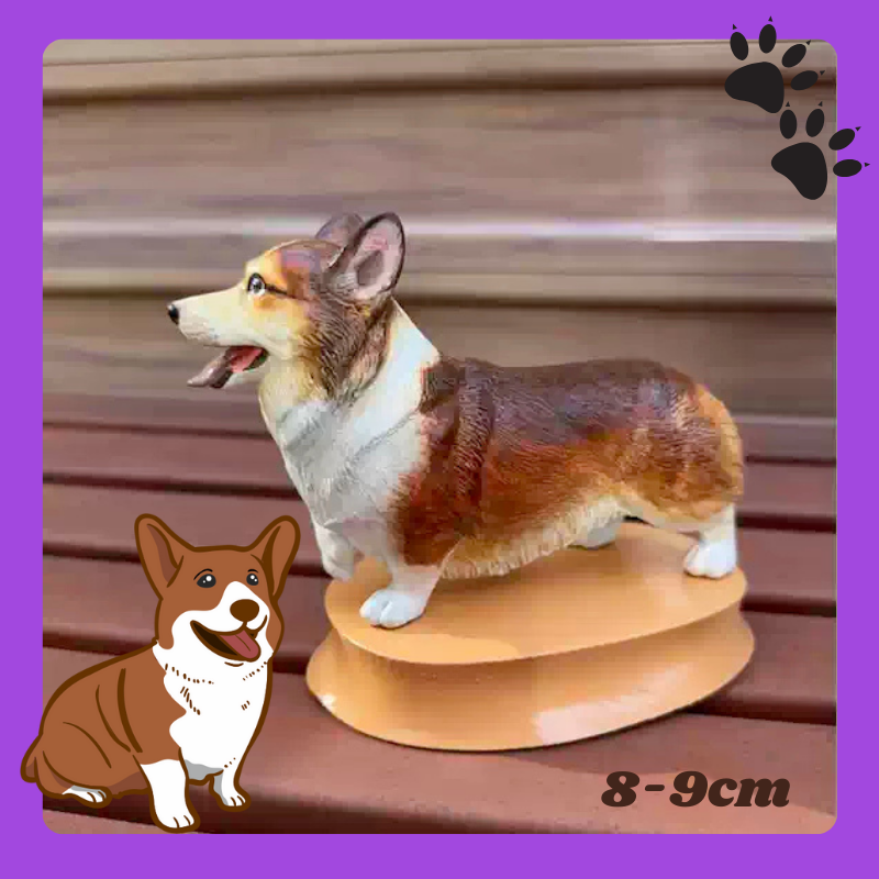 3D printed figurine sculpture of a corgi dog on a stand with a cartoon corgi and size measurement text. 8-9cm long figurine. Memory gift, Pet lovers, Personalized 3D printed dog figurine, pet memory keepsake, Custom 3D printed cat figurine, cherished pet gift, beloved pet, Perfect memory gift
