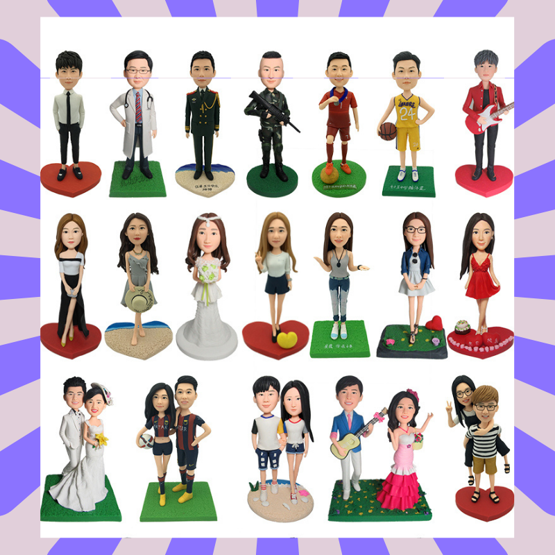 Collection of customizable figurines in various poses and outfits on a white background. Personalized couple present. Gift for boyfriend girlfriend. Custom-made. Personalized. Perfect gift idea. Meaningful keepsake. Wedding gift. Anniversary gift. Birthday gift