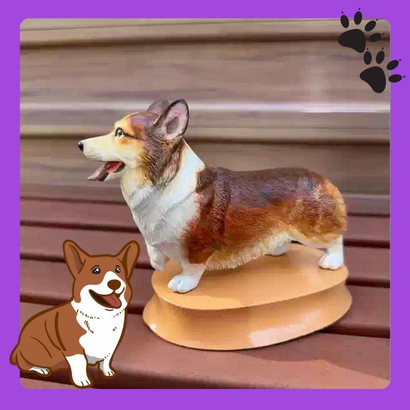 3D printed dog figurine on a stand with a cartoon dog illustration on a purple border. Corgi 3D printed figurine. Corgi 3D printed figurine