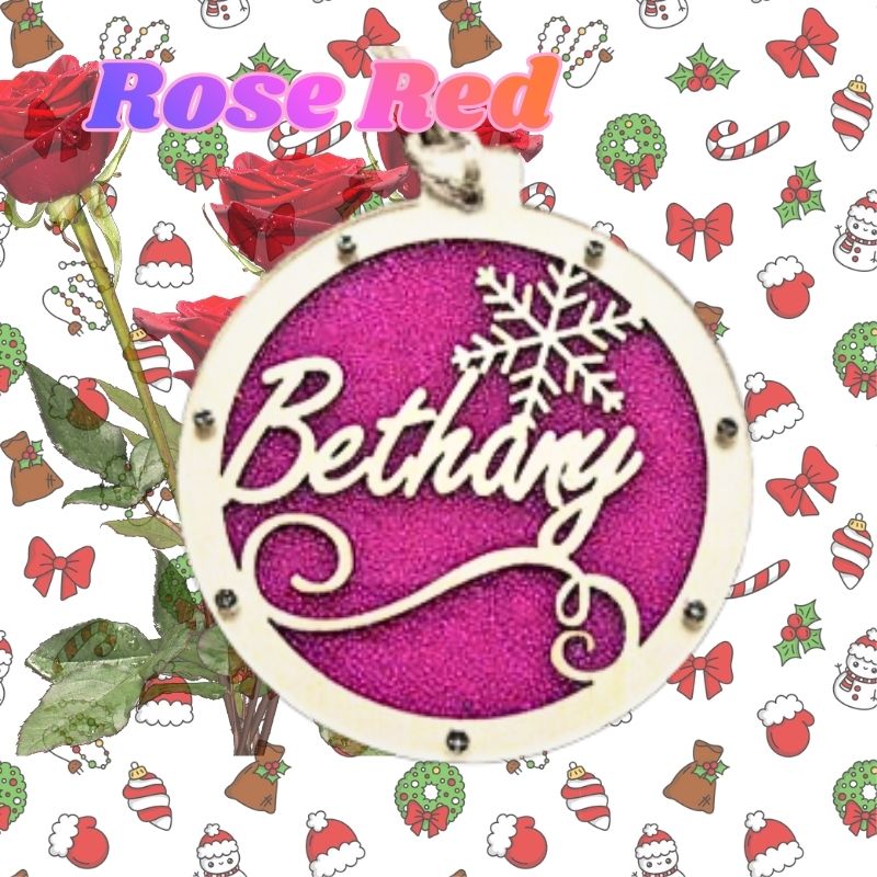 Decorative keychain with 'Bethany' and snowflake design on a festive background with roses and Christmas elements. custom Christmas Gift