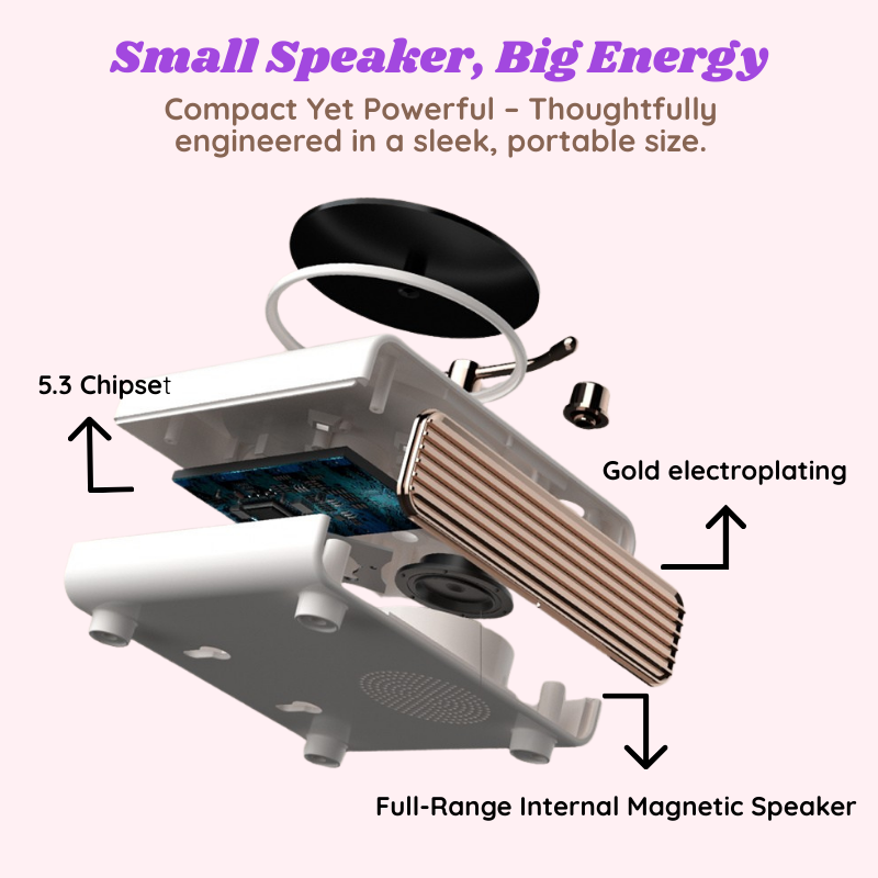 Diagram of a small speaker with labeled components on a white background. Compact yet powerful - thoughfully engineered in a sleek, portable size. Gold exectroplating, Full-range internal magnetic speaker. Personalized couple present. Gift for boyfriend. Custom-made. Personalized. Perfect gift idea. Meaningful keepsake