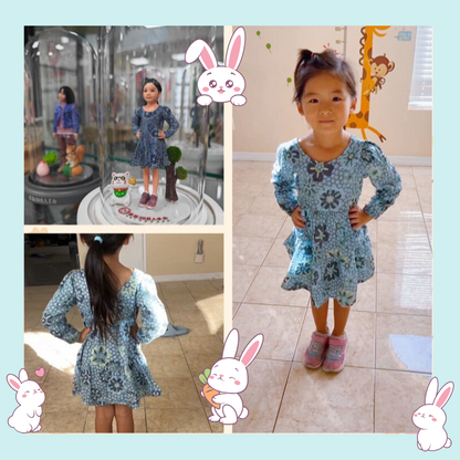 Collage of a child girl wearing a blue floral dress, with close-up shots and a toy figure.Personalized couple present. Gift for boyfriend girlfriend. Custom-made. Personalized. Perfect gift idea. Meaningful keepsake. Wedding gift. Anniversary gift. Birthday gift