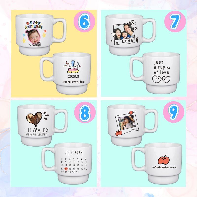 Collection of personalized mugs with various designs and text on a colorful background.