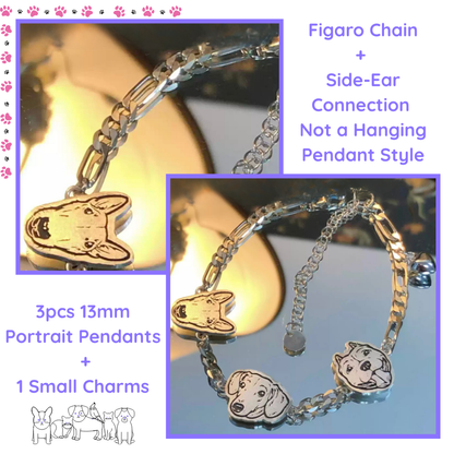 Bracelet with dog portrait pendants and Figaro chain, shown with close-up details. custom bracelet, pet jewerly, memory gift