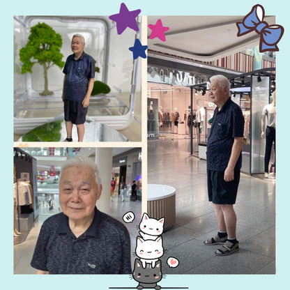 Man in a dark polo shirt and shorts standing in a shopping mall with cartoon stickers on the image. and a 3D  printed figurine. Personalized couple present. Gift for boyfriend girlfriend. Custom-made. Personalized. Perfect gift idea. Meaningful keepsake. Wedding gift. Anniversary gift. Birthday gift